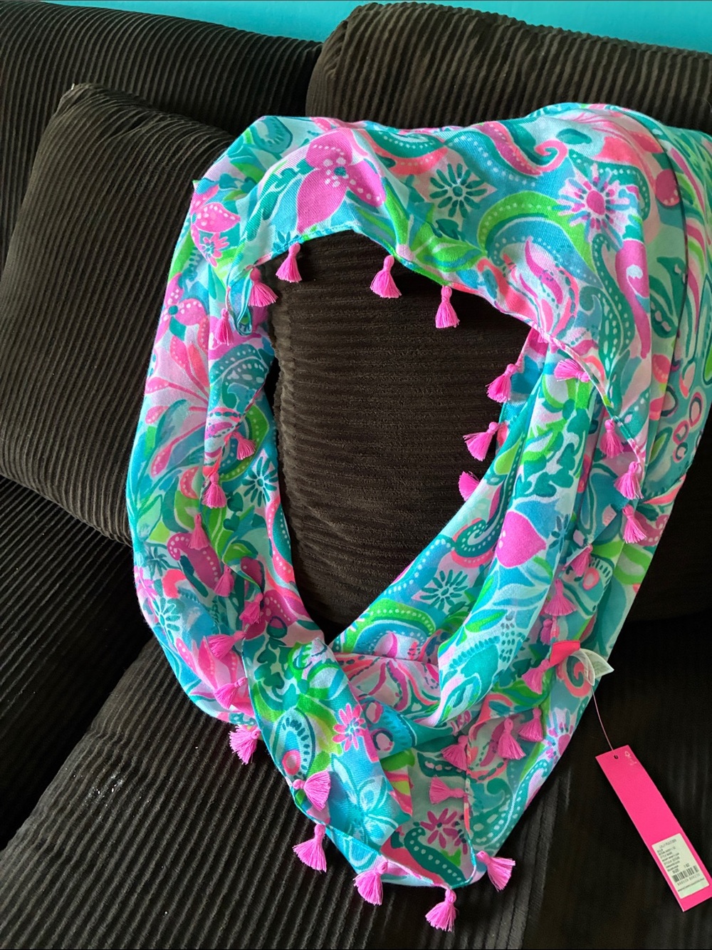 Lilly Pulitzer Pink & Teal Floral Tassel scarf. Shawl